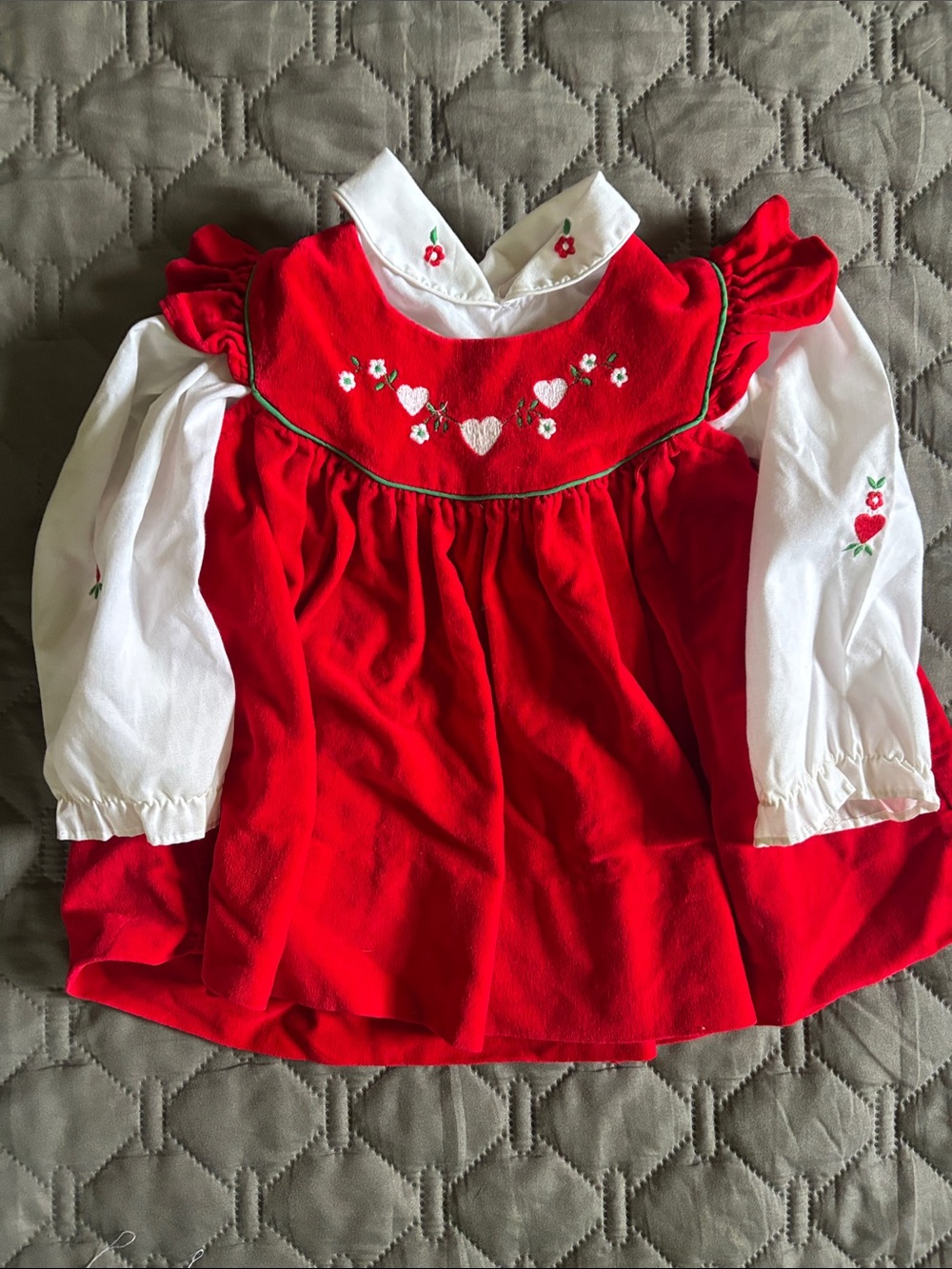 Vintage red velvet jumper with white top. Embroidered. Adorable for the holidays